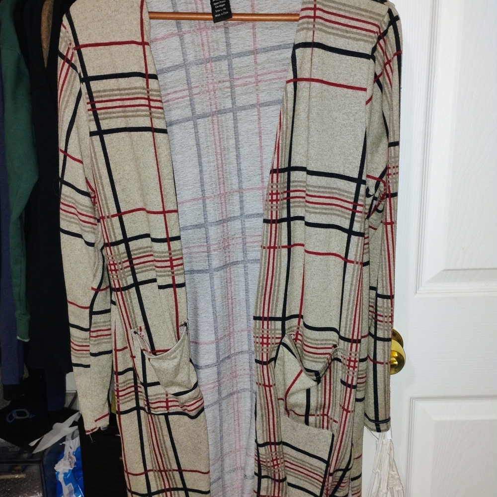 Plaid Open-Front Sweater Cardigan